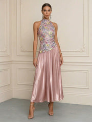 A-Line/Princess Elegant Cocktail Dresses Tea-Length Pleated Satin Sequin Floral Bodice