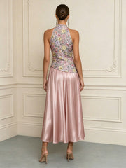 A-Line/Princess Elegant Cocktail Dresses Tea-Length Pleated Satin Sequin Floral Bodice