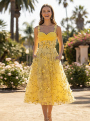 A-Line Sweetheart Tulle Tea-Length Cocktail Dresses with Floral