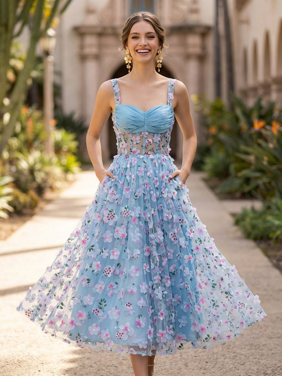 A-Line Sweetheart Tulle Tea-Length Cocktail Dresses with Floral