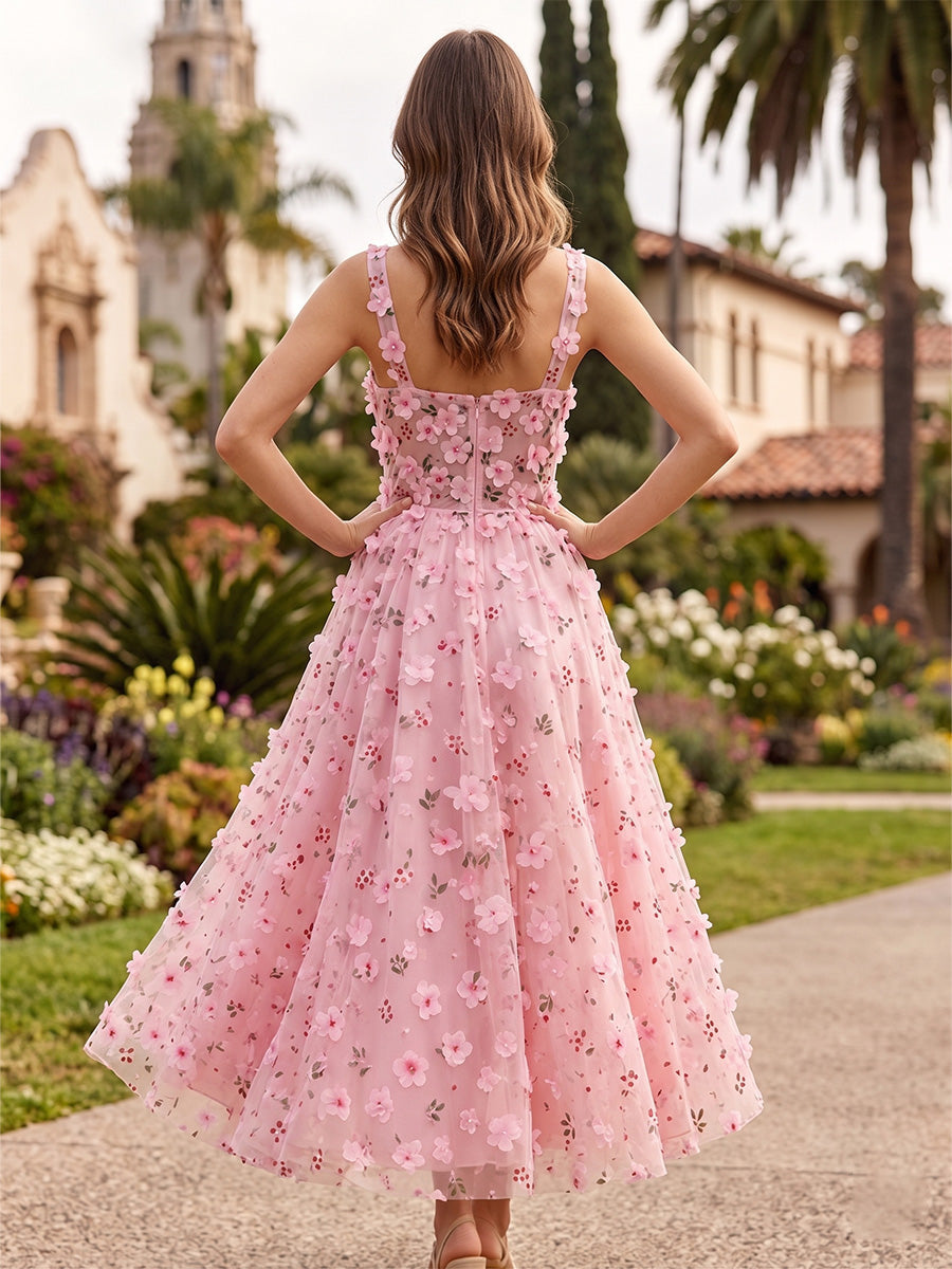 A-Line Sweetheart Tulle Tea-Length Cocktail Dresses with Floral