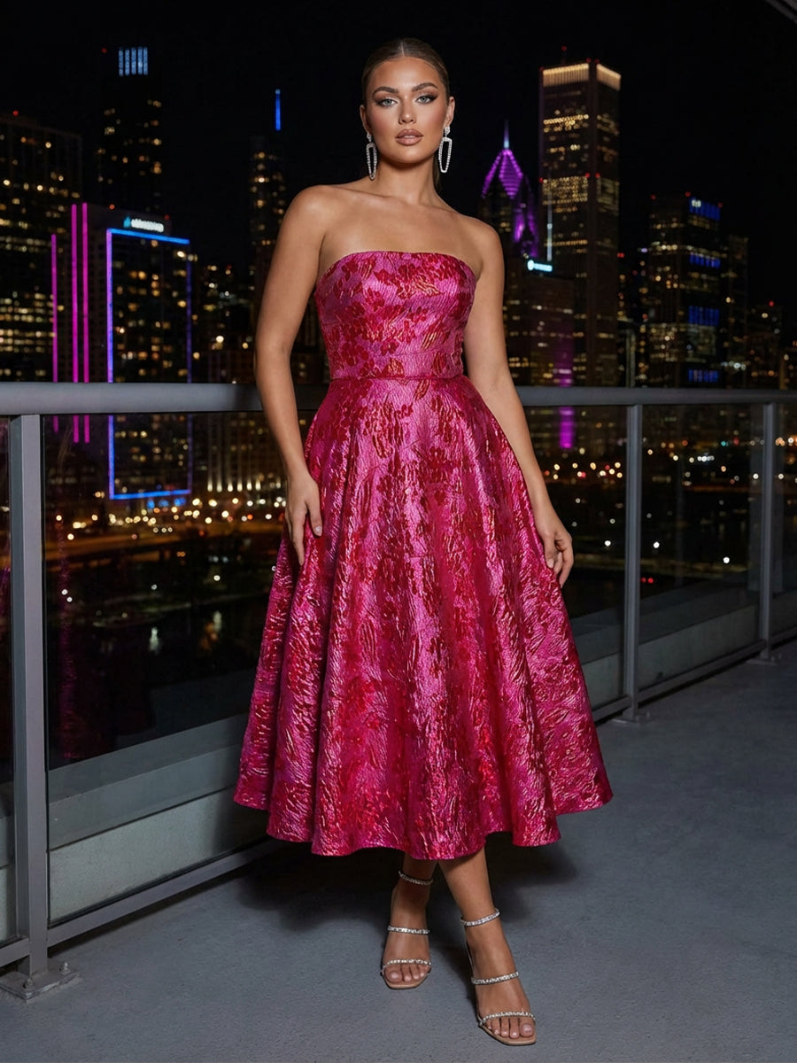 A-Line Strapless Jacquard Tea-Length Sleeveless Cocktail Dresses