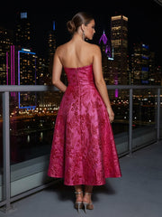 A-Line Strapless Jacquard Tea-Length Sleeveless Cocktail Dresses