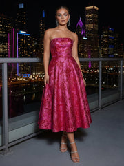 A-Line Strapless Jacquard Tea-Length Sleeveless Cocktail Dresses