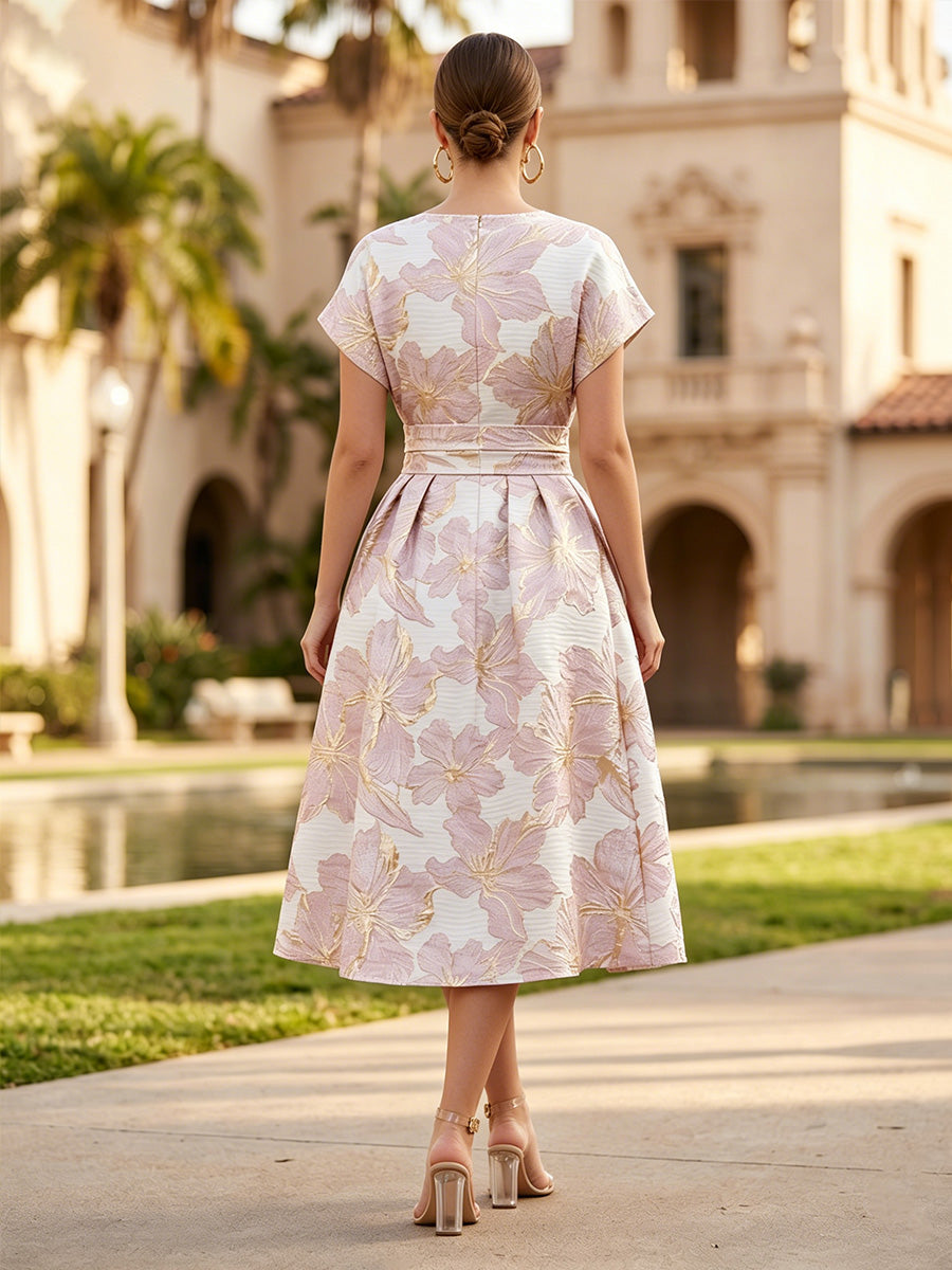 A-Line/Princess Jacquard Scoop Neck Tea-Length Cocktail Dresses