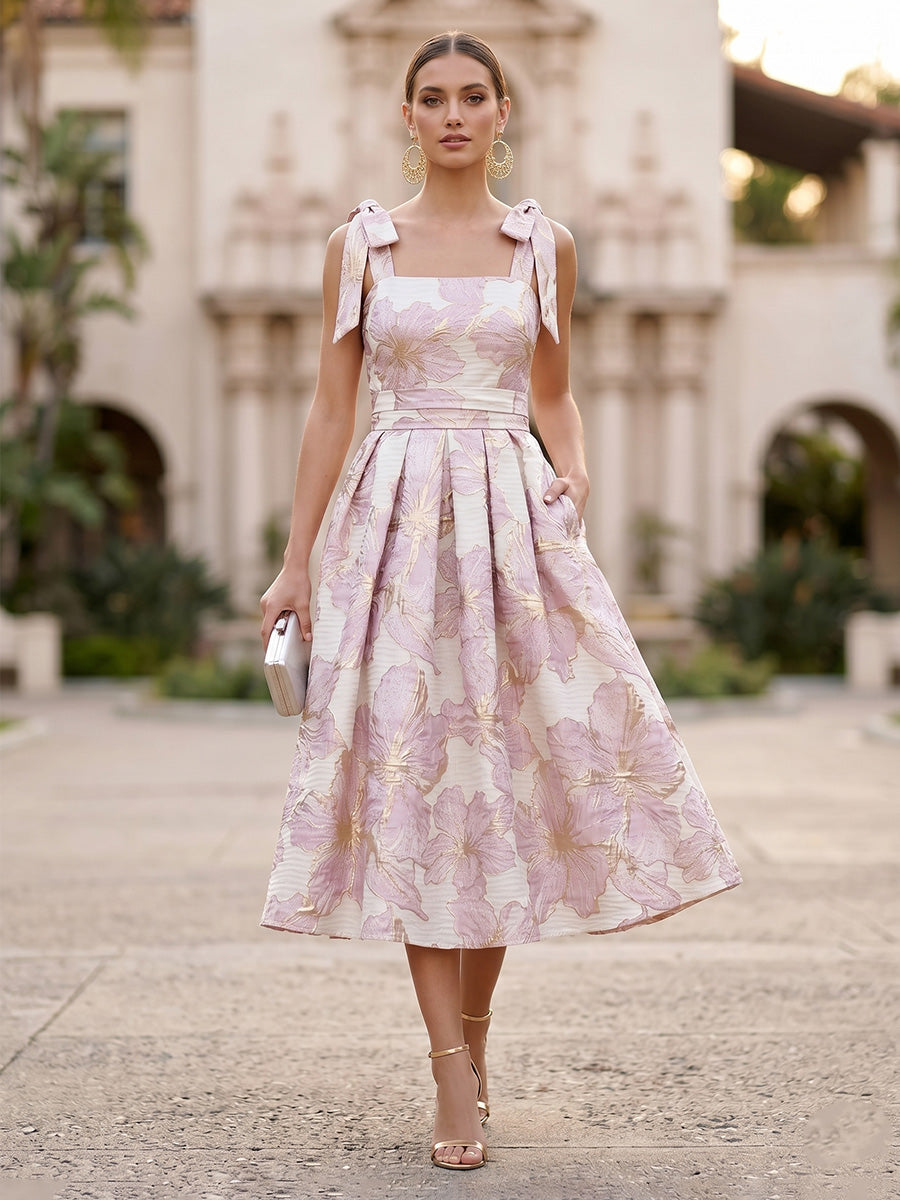 A-Line/Princess Cocktail Dresses Jacquard Square Neck Tea-Length with Bow Straps