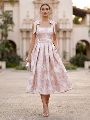 A-Line/Princess Cocktail Dresses Jacquard Square Neck Tea-Length with Bow Straps