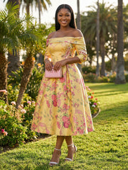 A-Line/Princess Cocktail Dresses Off Shoulder 3/4 Sleeves Satin Floral Print