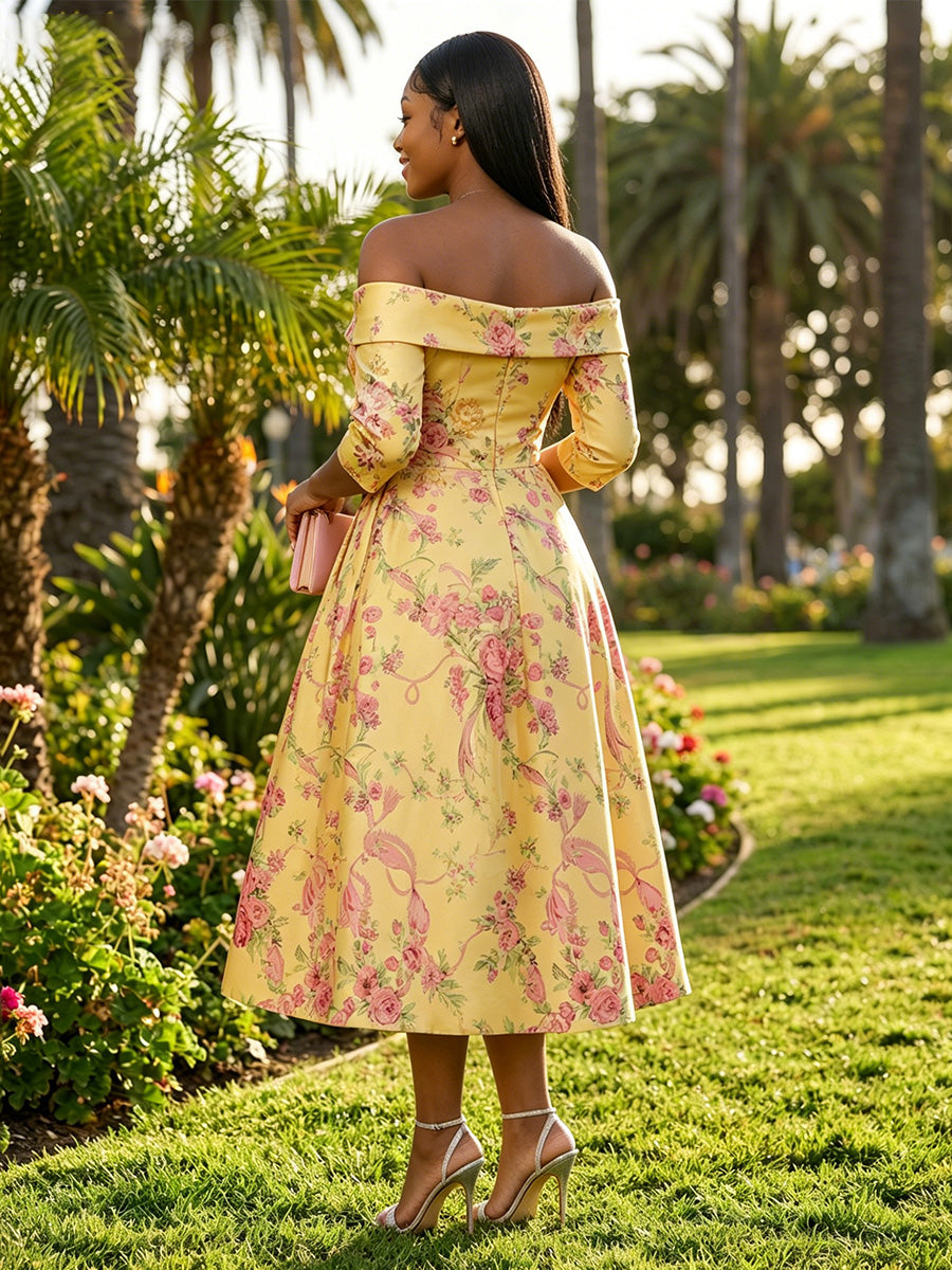A-Line/Princess Cocktail Dresses Off Shoulder 3/4 Sleeves Satin Floral Print