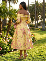 A-Line/Princess Cocktail Dresses Off Shoulder 3/4 Sleeves Satin Floral Print