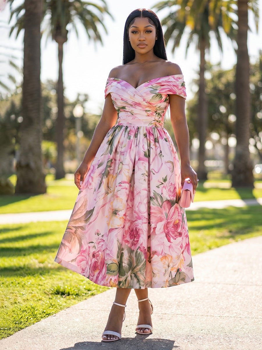A-Line/Princess Cocktail Dresses Off Shoulder Floral Print Sleeveless Tea-Length