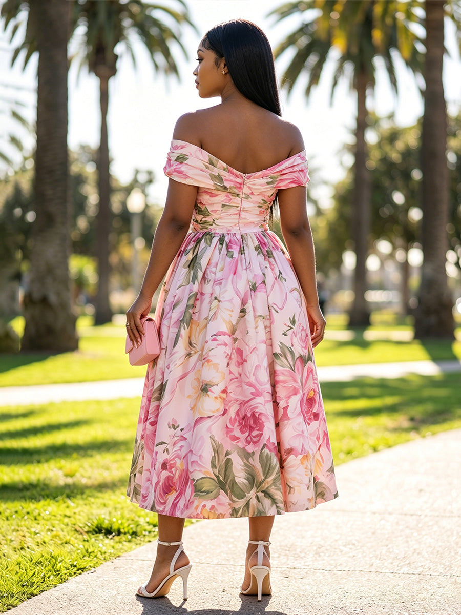 A-Line/Princess Cocktail Dresses Off Shoulder Floral Print Sleeveless Tea-Length