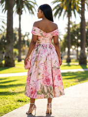 A-Line/Princess Cocktail Dresses Off Shoulder Floral Print Sleeveless Tea-Length