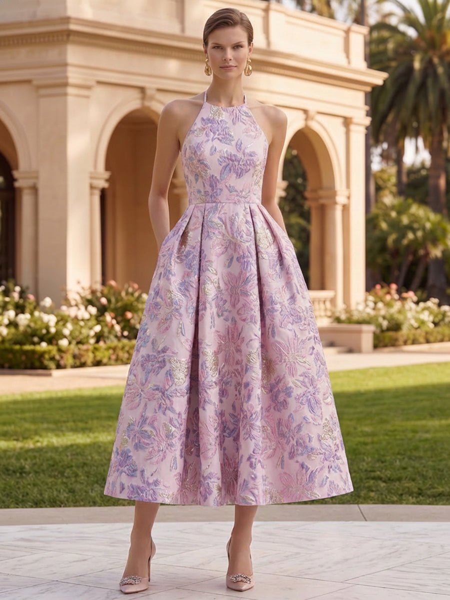 A-Line/Princess Cocktail Dresses Halter Jacquard Sleeveless