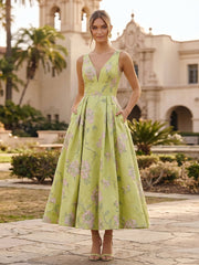 A-Line/Princess Cocktail Dresses Satin Jacquard Deep V-Neck Sleeveless