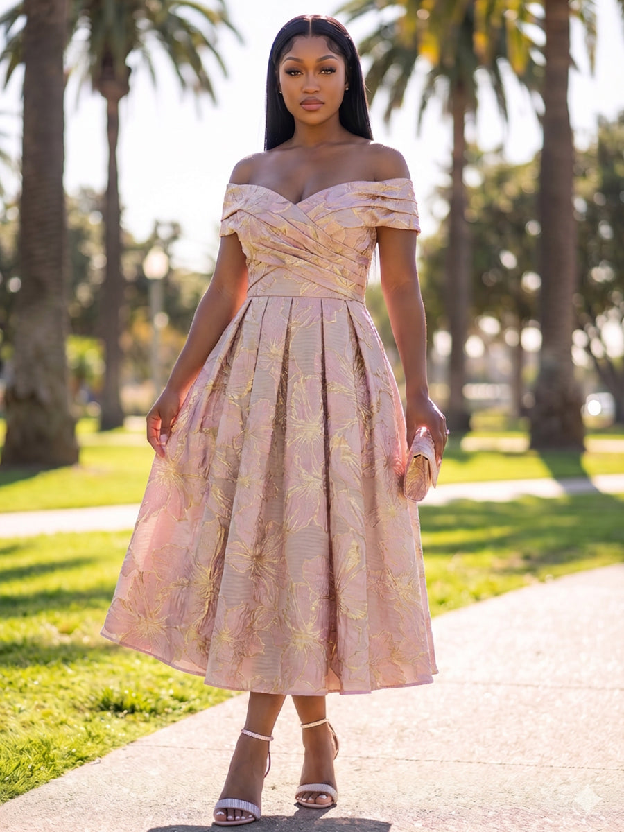 A-Line/Princess Cocktail Dresses Jacquard Off Shoulder Ruched Waist Tea-Length