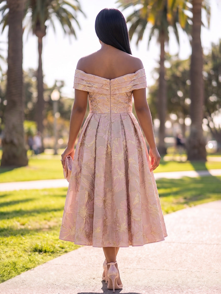 A-Line/Princess Cocktail Dresses Jacquard Off Shoulder Ruched Waist Tea-Length