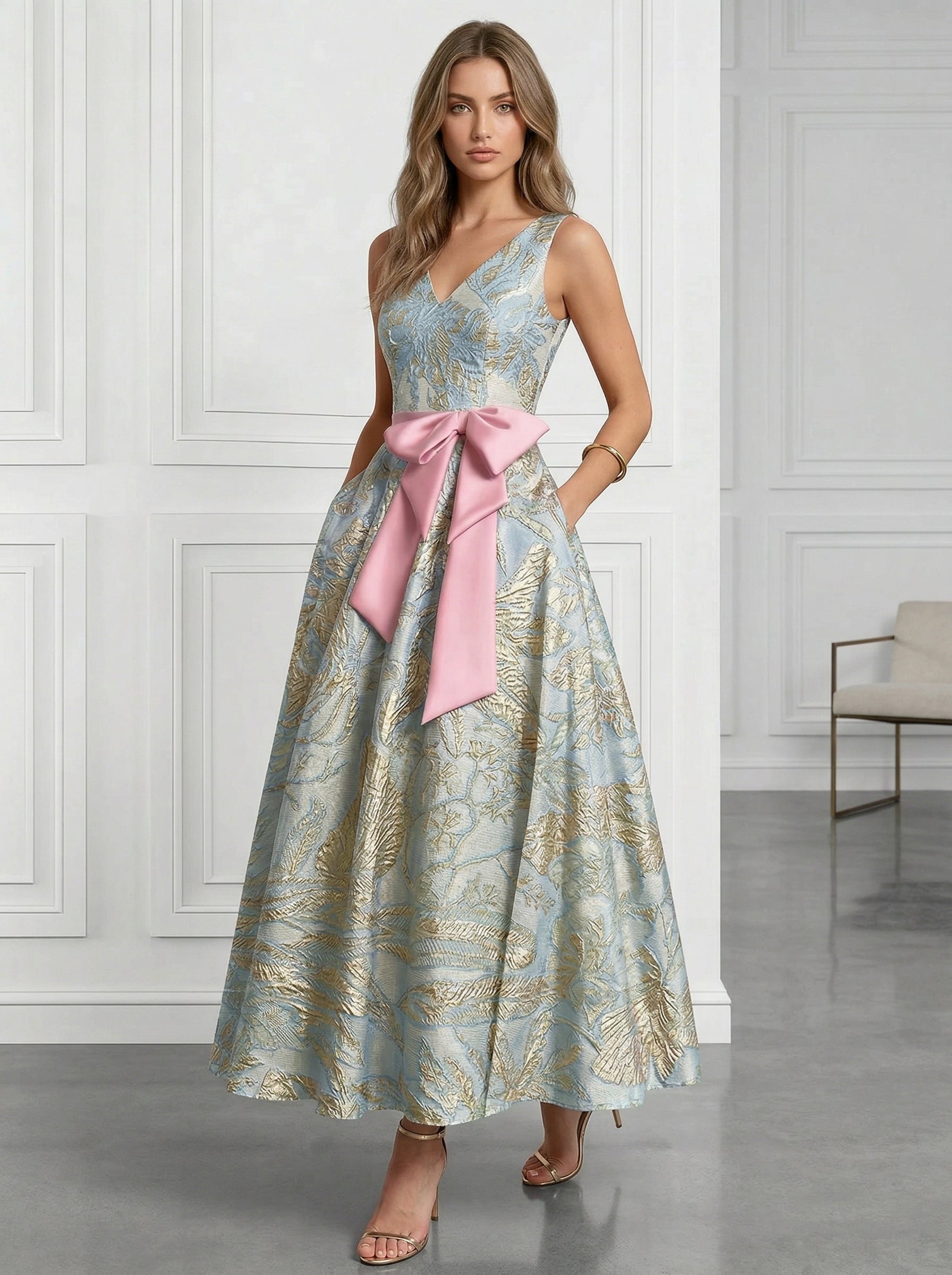 A-Line/Princess Cocktail Dresses Jacquard Floor-Length V-Neck with Bowknot Waist