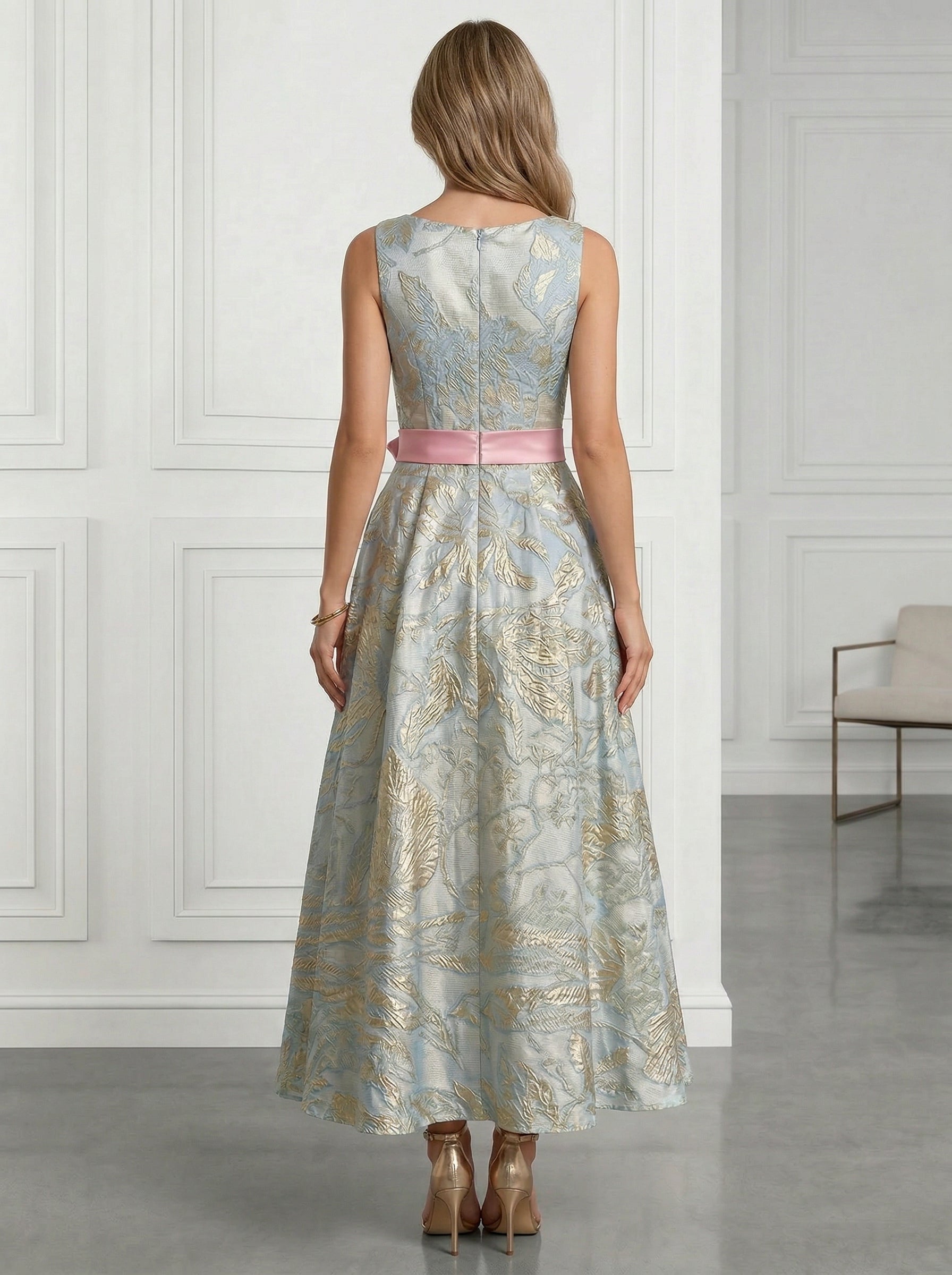 A-Line/Princess Cocktail Dresses Jacquard Floor-Length V-Neck with Bowknot Waist