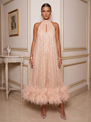 A-Line/Princess Halter Sparkly Sequin Tea-Length Cocktail Dresses with Feather Trim & Pleats