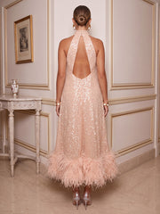 A-Line/Princess Halter Sparkly Sequin Tea-Length Cocktail Dresses with Feather Trim & Pleats