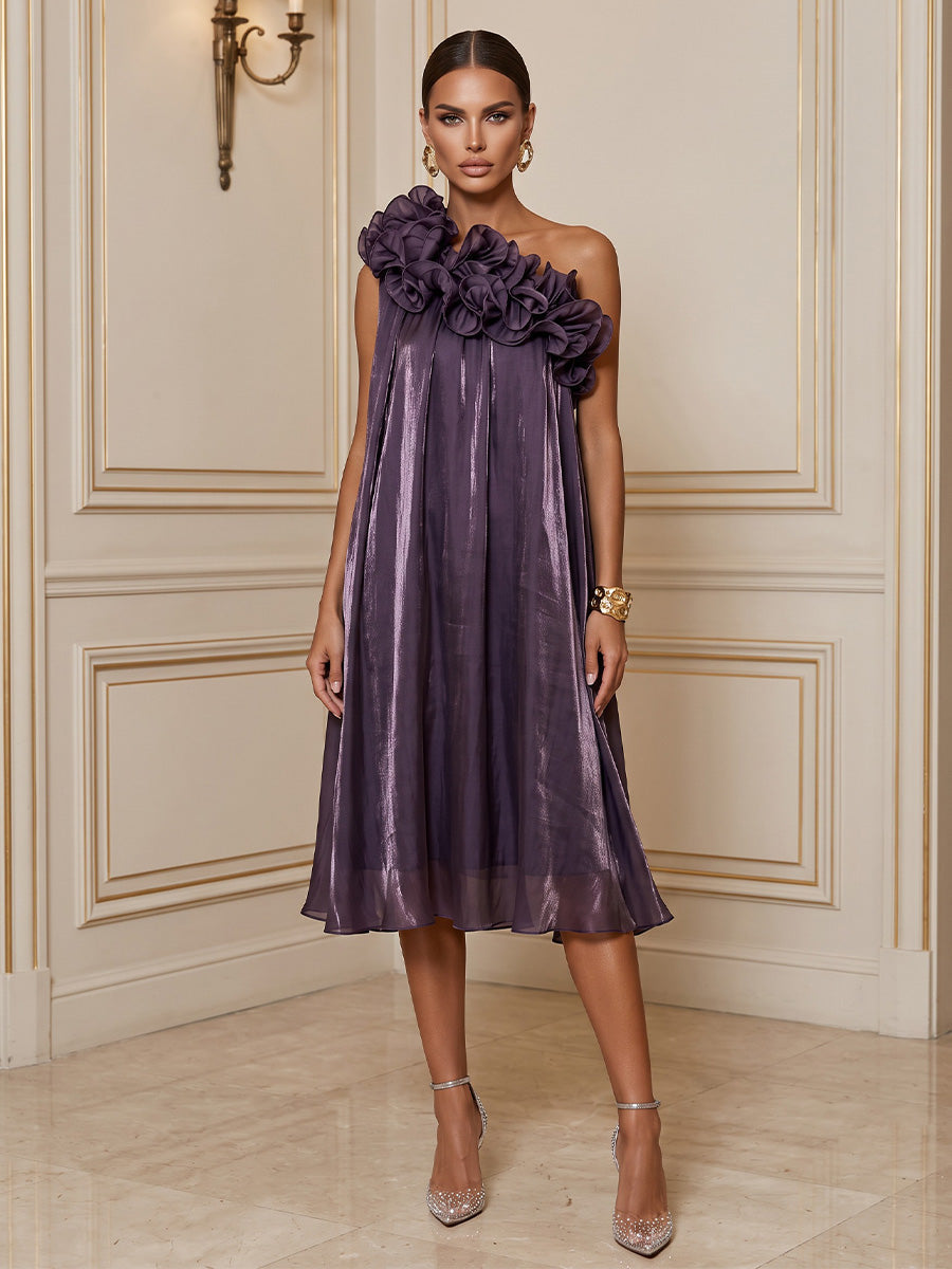 A-Line/Princess One Shoulder Organza Tea-Length Cocktail Dresses with Ruffles, Tiered Layers & Pleats