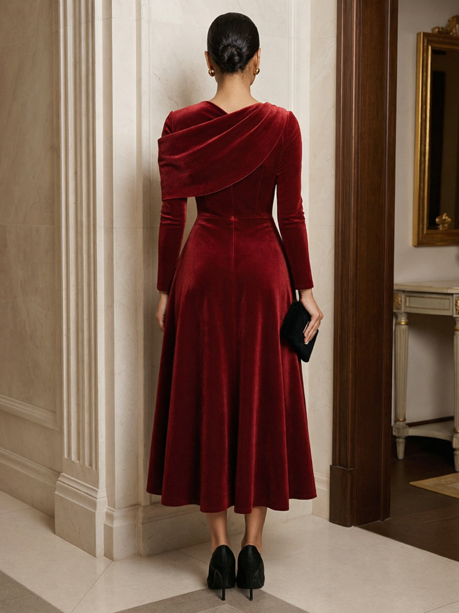 A-Line/Princess Asymmetric Neck Velvet Tea-Length Cocktail Dresses with Pleats