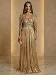 A Line V Neck Cape Sleeve Pleated Floor Length Luxurious Evening Dresses