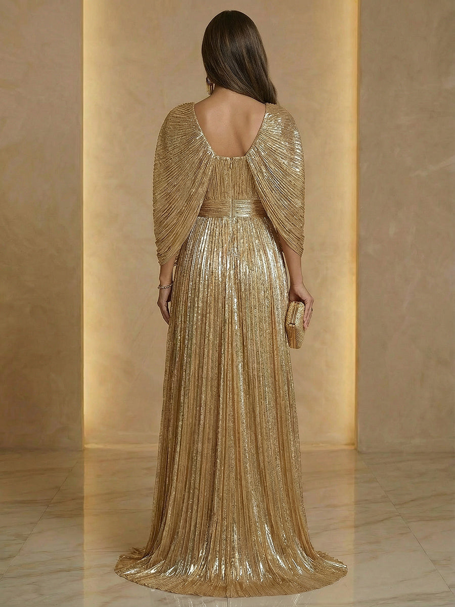 A Line V Neck Cape Sleeve Pleated Floor Length Luxurious Evening Dresses