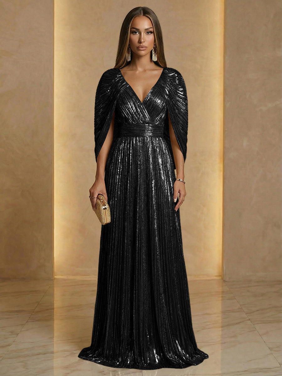 A Line V Neck Cape Sleeve Pleated Floor Length Luxurious Evening Dresses