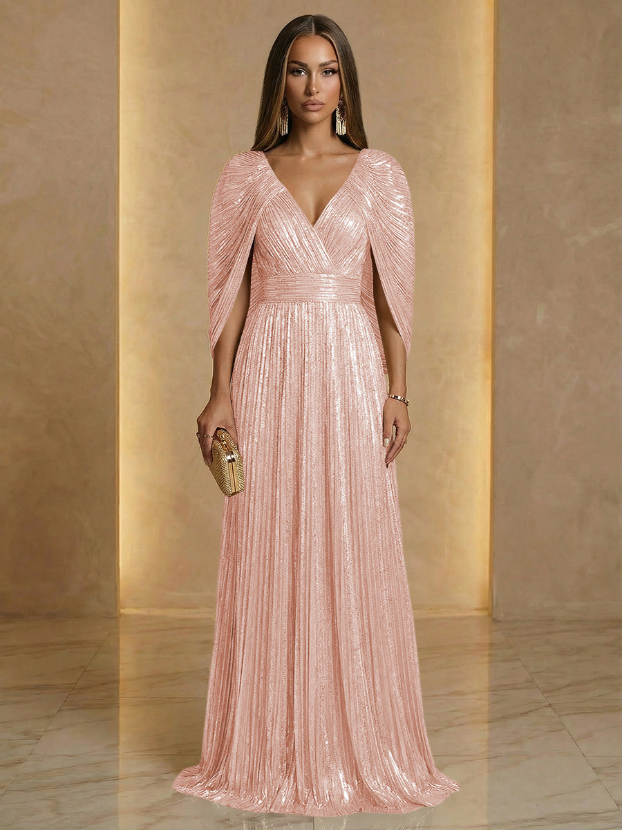 A Line V Neck Cape Sleeve Pleated Floor Length Luxurious Evening Dresses