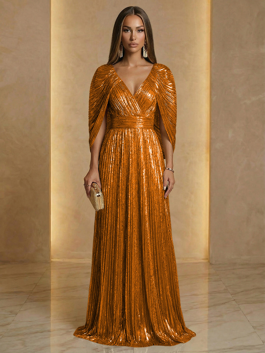 A Line V Neck Cape Sleeve Pleated Floor Length Luxurious Evening Dresses