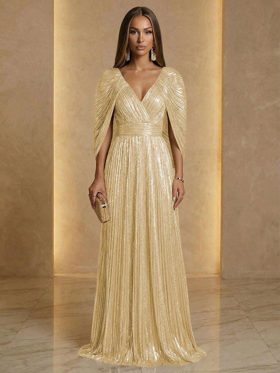 A Line V Neck Cape Sleeve Pleated Floor Length Luxurious Evening Dresses