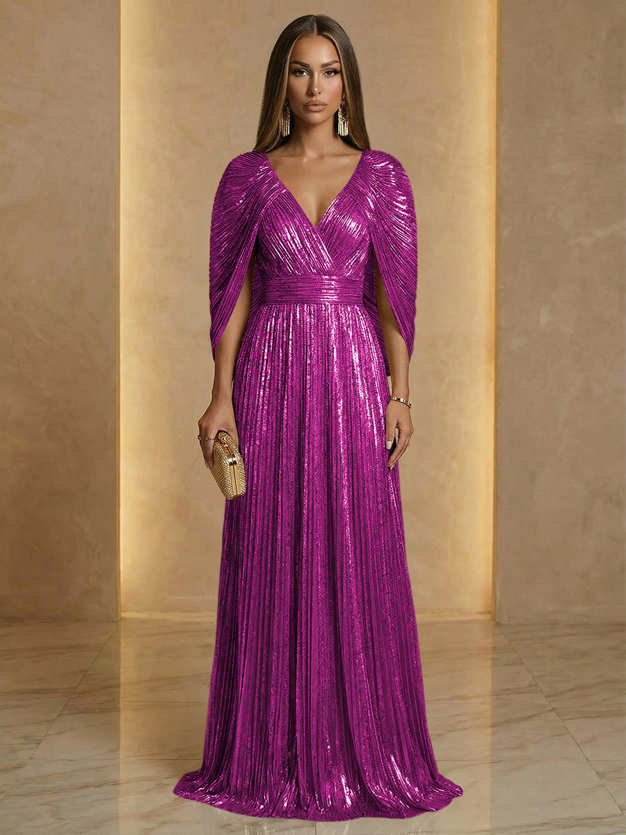 A Line V Neck Cape Sleeve Pleated Floor Length Luxurious Evening Dresses