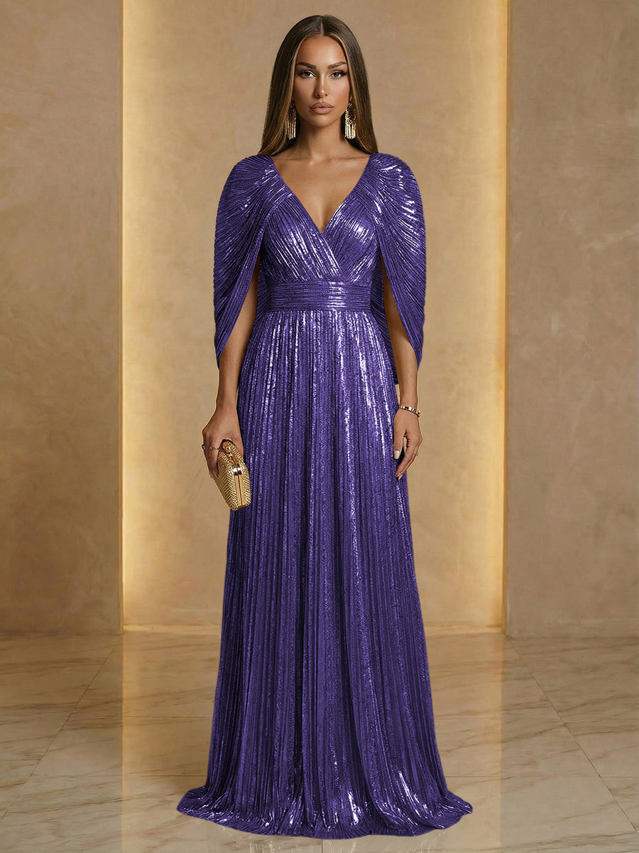 A Line V Neck Cape Sleeve Pleated Floor Length Luxurious Evening Dresses