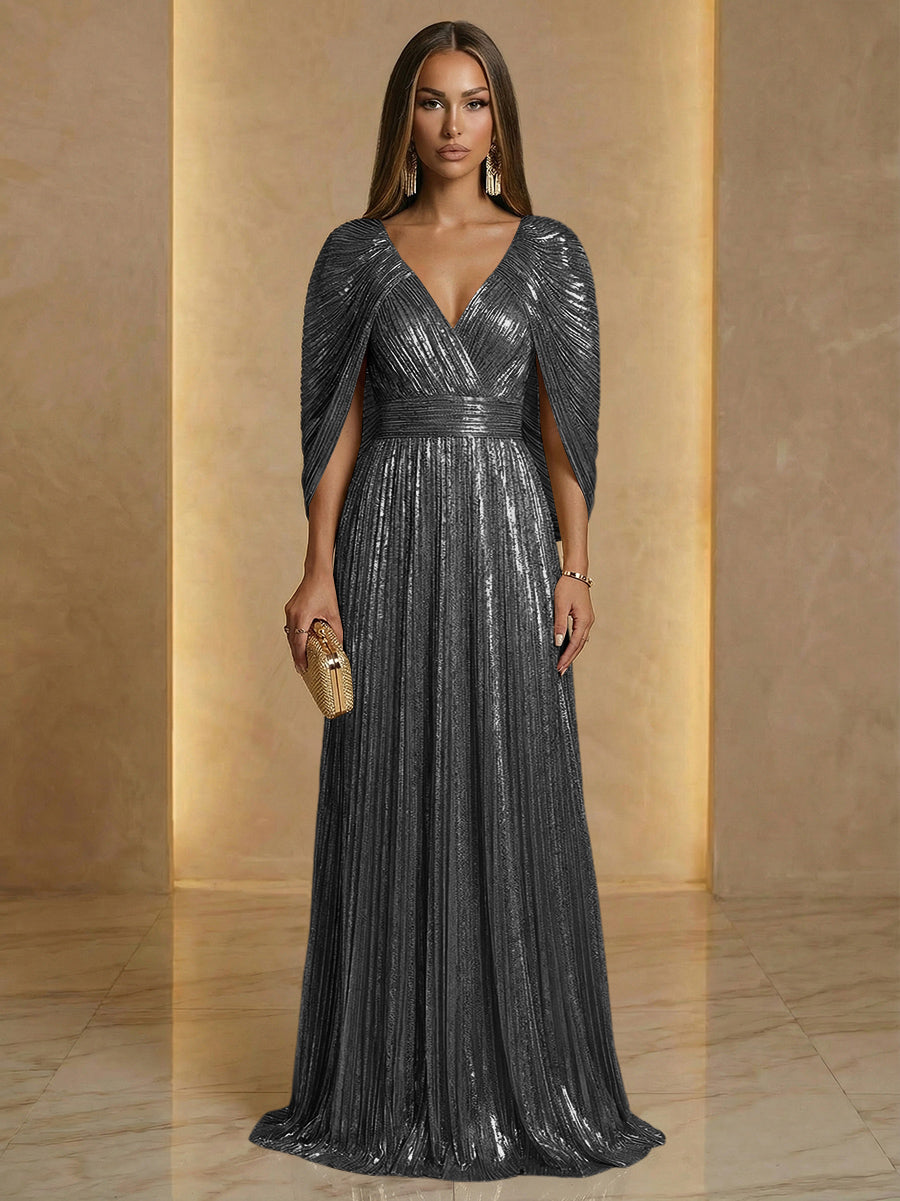 A Line V Neck Cape Sleeve Pleated Floor Length Luxurious Evening Dresses