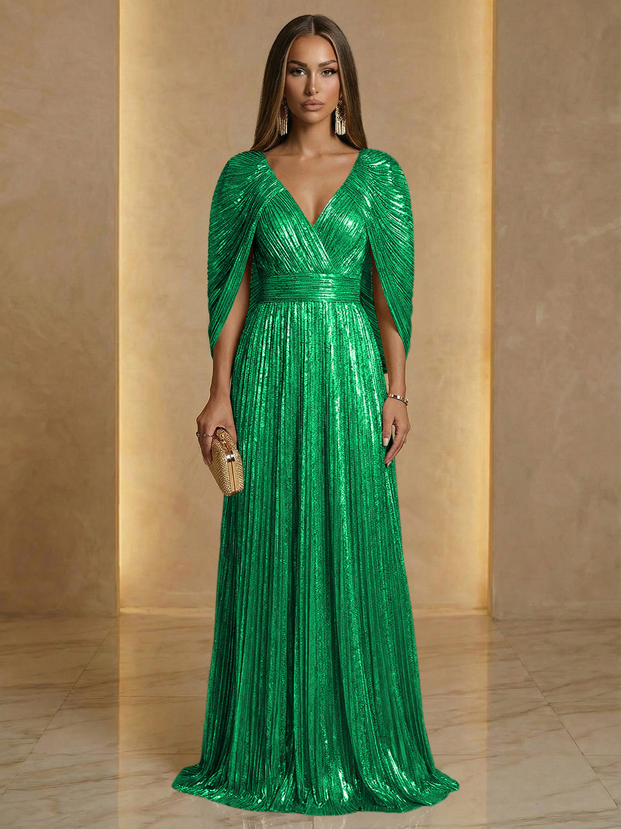 A Line V Neck Cape Sleeve Pleated Floor Length Luxurious Evening Dresses