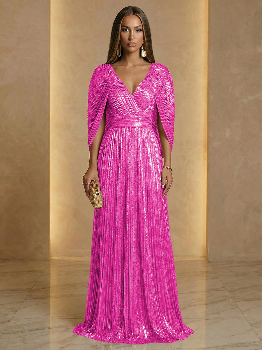 A Line V Neck Cape Sleeve Pleated Floor Length Luxurious Evening Dresses