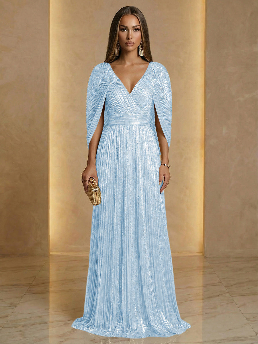 A Line V Neck Cape Sleeve Pleated Floor Length Luxurious Evening Dresses