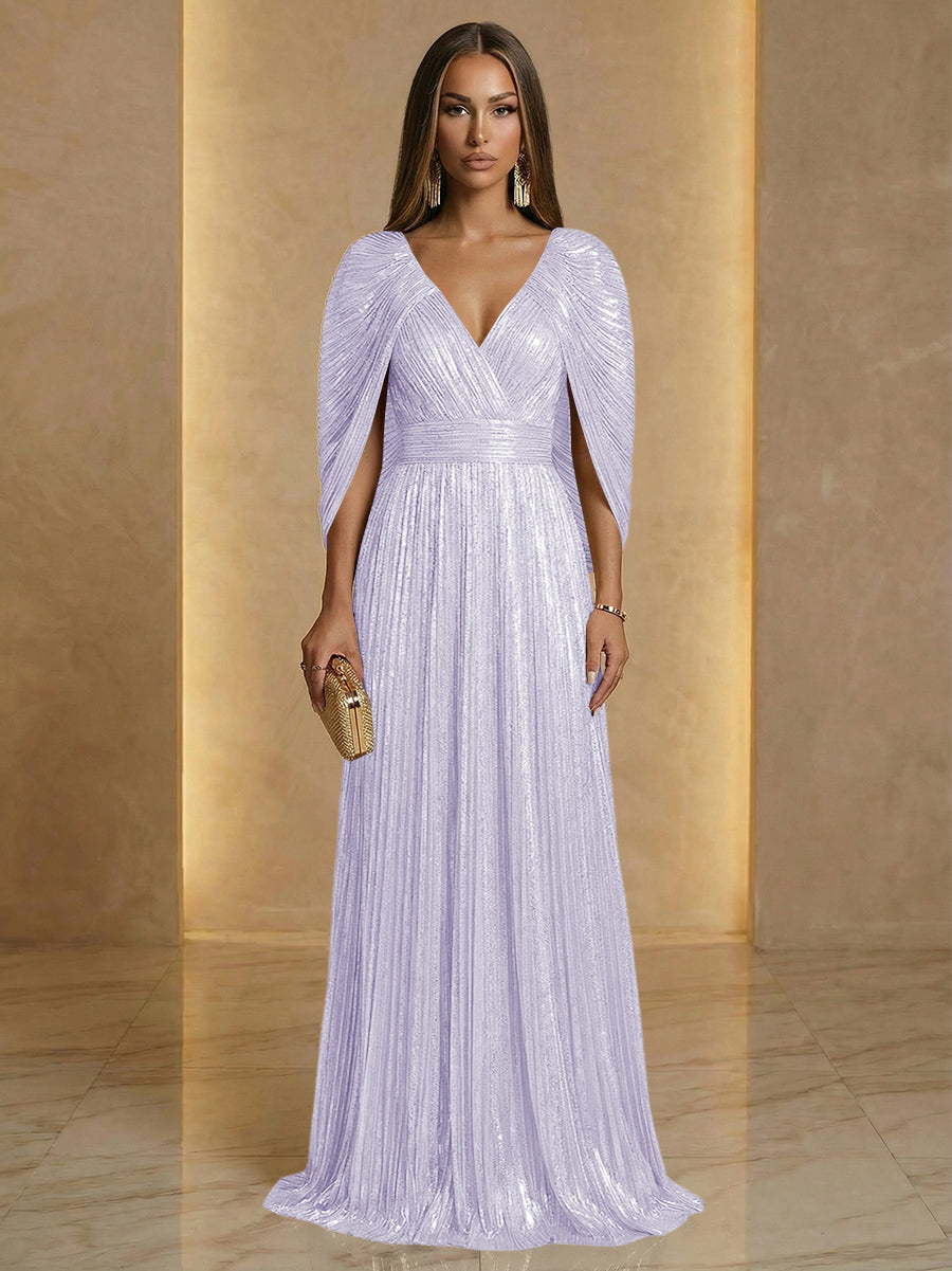 A Line V Neck Cape Sleeve Pleated Floor Length Luxurious Evening Dresses