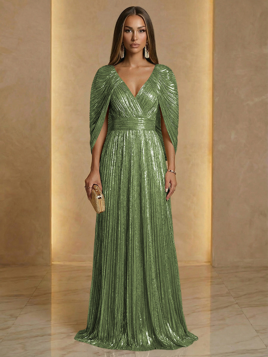 A Line V Neck Cape Sleeve Pleated Floor Length Luxurious Evening Dresses