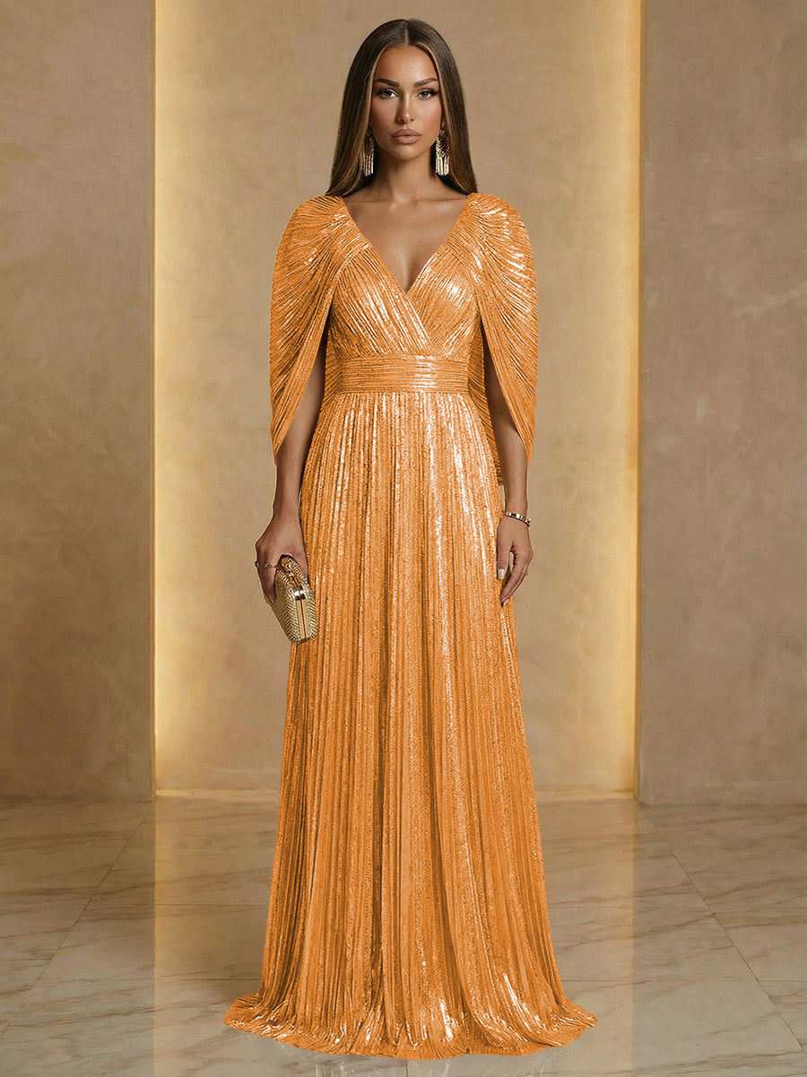 A Line V Neck Cape Sleeve Pleated Floor Length Luxurious Evening Dresses