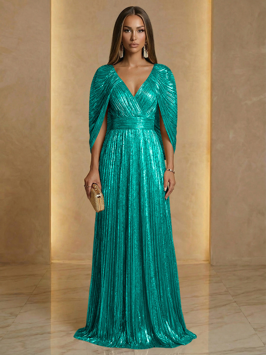 A Line V Neck Cape Sleeve Pleated Floor Length Luxurious Evening Dresses
