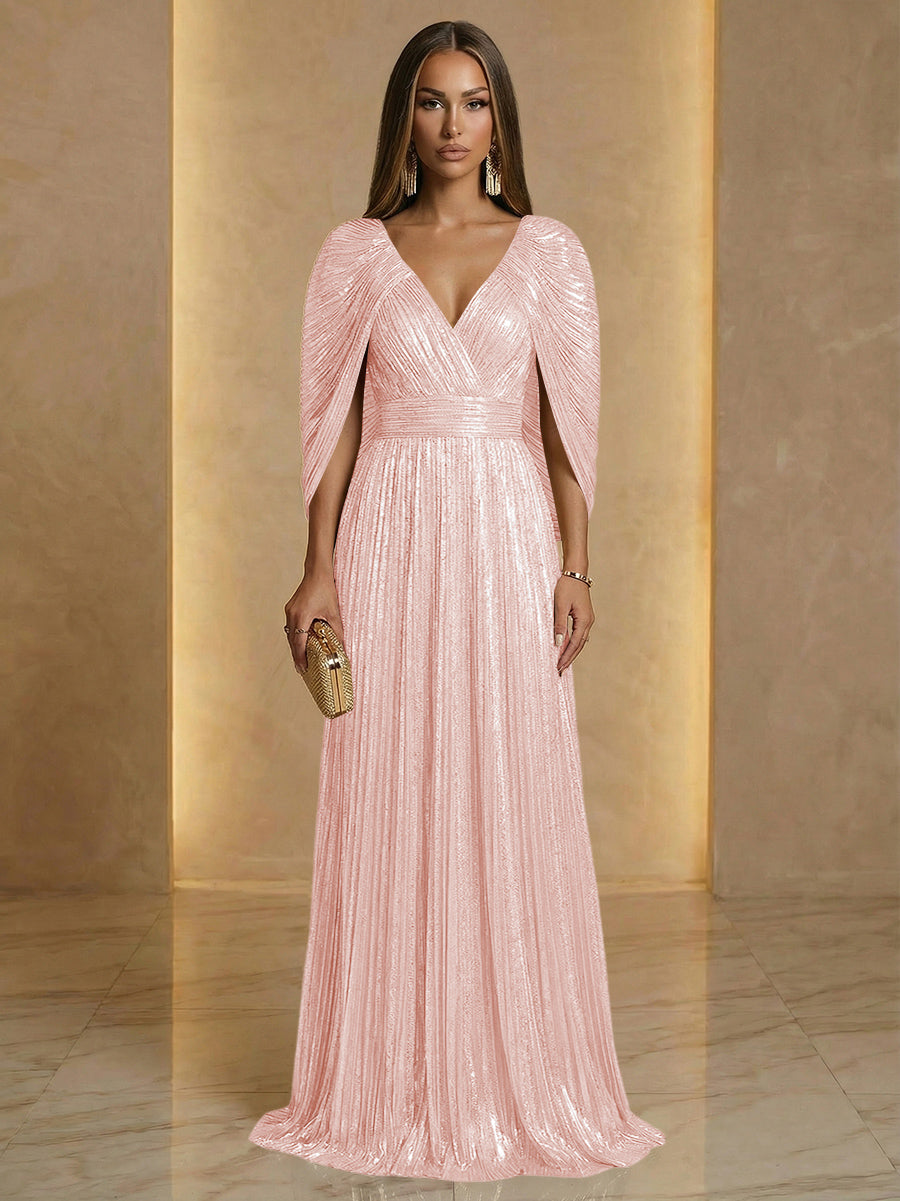 A Line V Neck Cape Sleeve Pleated Floor Length Luxurious Evening Dresses