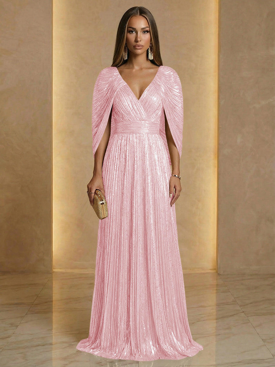 A Line V Neck Cape Sleeve Pleated Floor Length Luxurious Evening Dresses