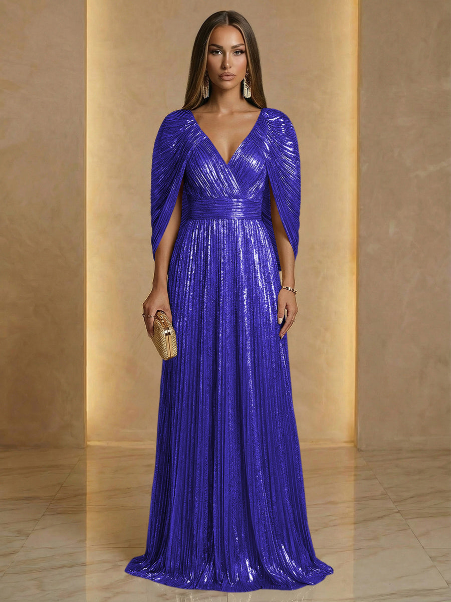 A Line V Neck Cape Sleeve Pleated Floor Length Luxurious Evening Dresses