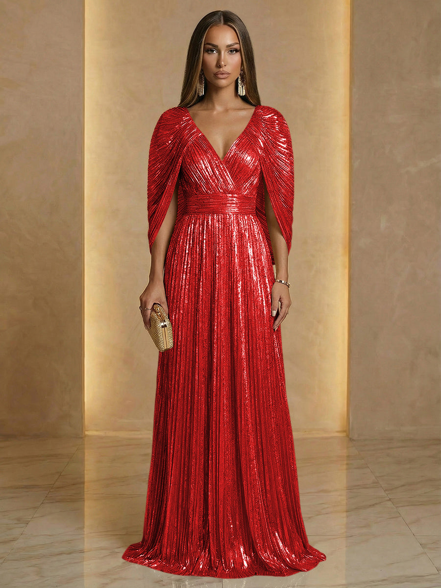 A Line V Neck Cape Sleeve Pleated Floor Length Luxurious Evening Dresses