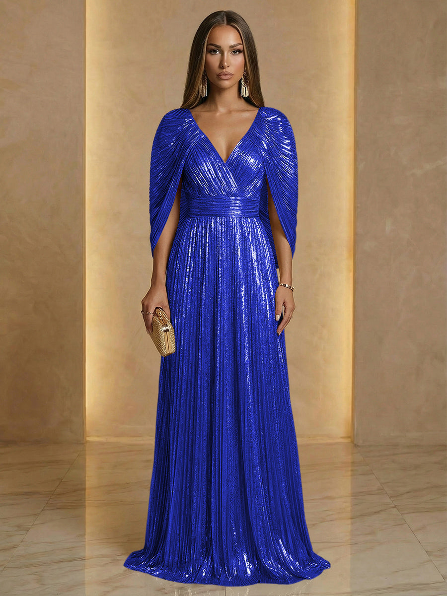 A Line V Neck Cape Sleeve Pleated Floor Length Luxurious Evening Dresses