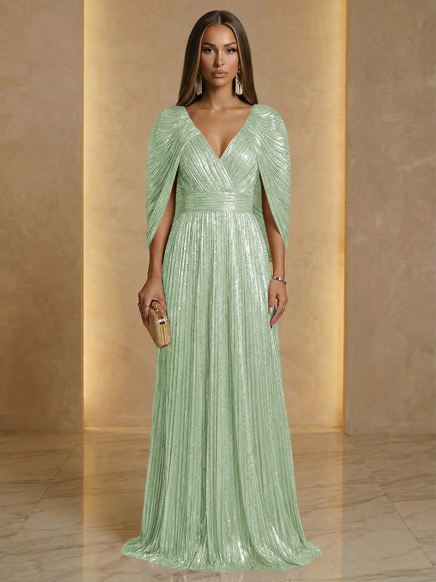 A Line V Neck Cape Sleeve Pleated Floor Length Luxurious Evening Dresses