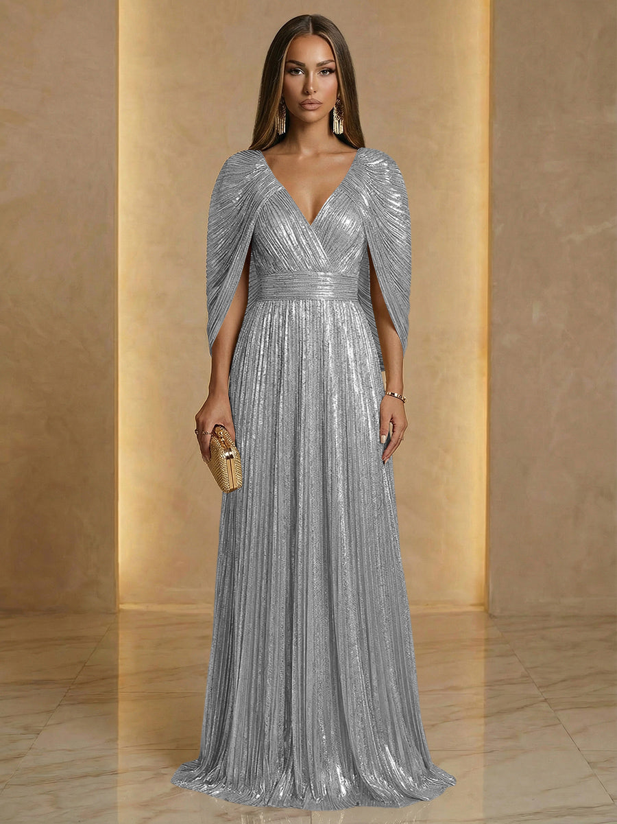 A Line V Neck Cape Sleeve Pleated Floor Length Luxurious Evening Dresses